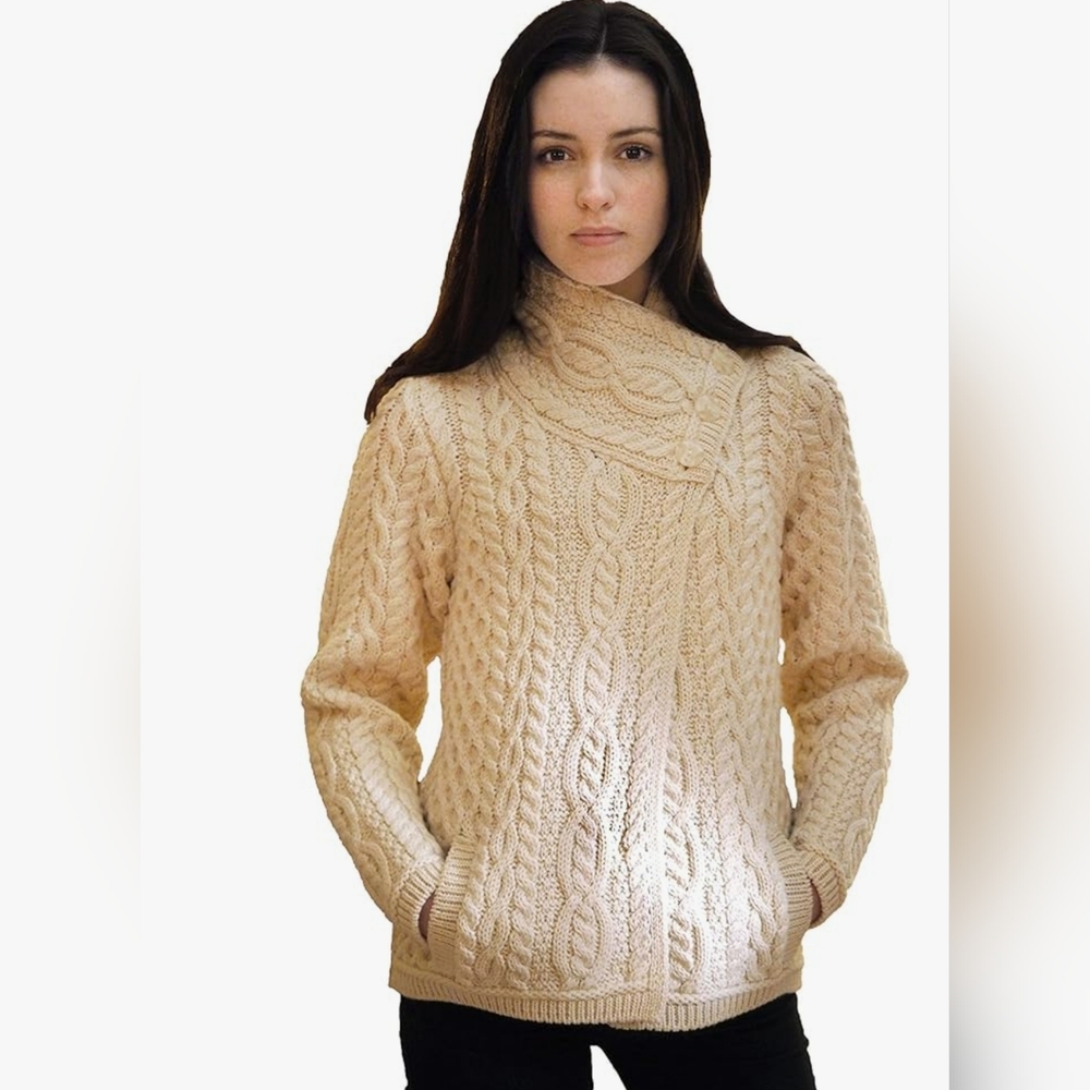 ARAN CRAFTS Irish Cable Knit Wool Natural Beige Semi-Long 3 Button Cardigan m